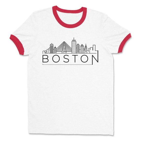 Skyline Boston Massachusetts Ringer Tee Shirt Unisex 2X-Large White/Red