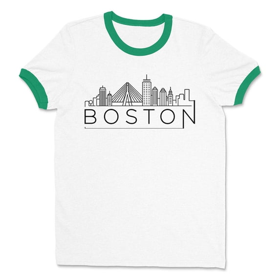 Skyline Boston Massachusetts Ringer Tee Shirt Unisex Small White/Kelly Green