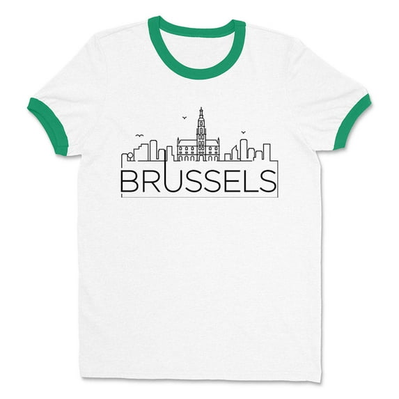 Skyline Brussels Belgium Ringer Tee Shirt Unisex 2X-Large White/Kelly Green