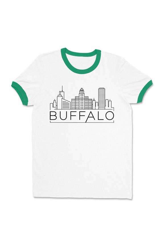 Skyline Buffalo New York Ringer Tee Shirt Unisex Large White/Kelly Green
