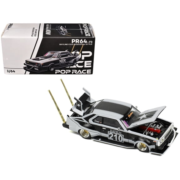 Skyline C210 "Bosozoku Style" RHD (Right Hand Drive) #210 Matt Black and Silver 1/64 Diecast Model Car by Pop Race