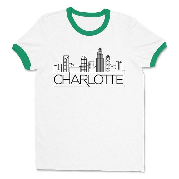 Skyline Charlotte North Carolina Ringer Tee Shirt Unisex Medium White/Kelly Green
