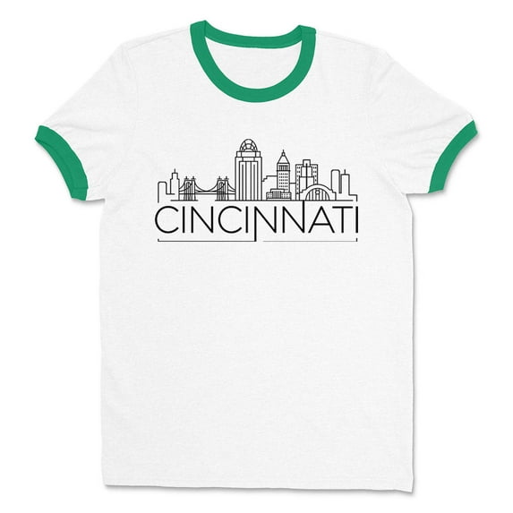 Skyline Cincinnati Ohio Ringer Tee Shirt Unisex Small White/Kelly Green