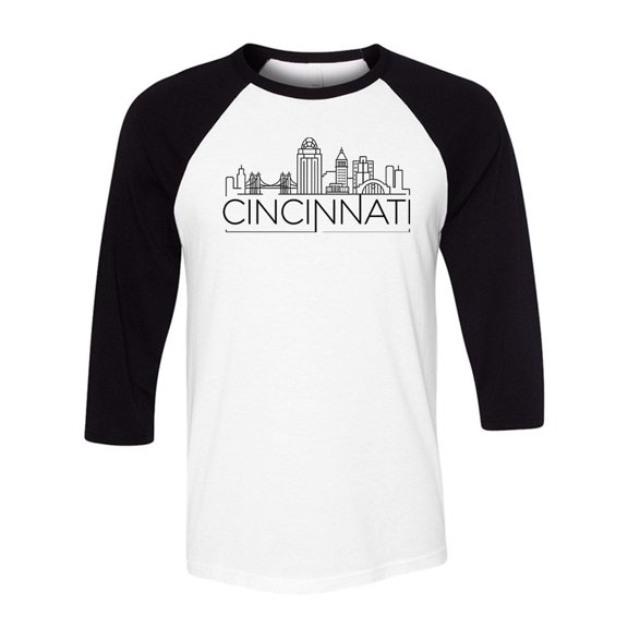Skyline Cincinnati Ohio Three-Quarter Raglan Sleeve Baseball Shirt Unisex Medium White/Black