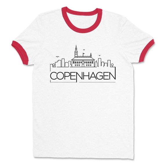 Skyline Copenhagen Denmark Ringer Tee Shirt Unisex Small White/Red
