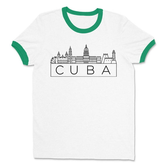 Skyline Cuba Ringer Tee Shirt Unisex Medium White/Kelly Green
