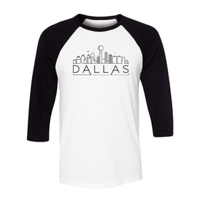 Skyline Dallas Texas Three-Quarter Raglan Sleeve Baseball Shirt Unisex X-Large White/Black