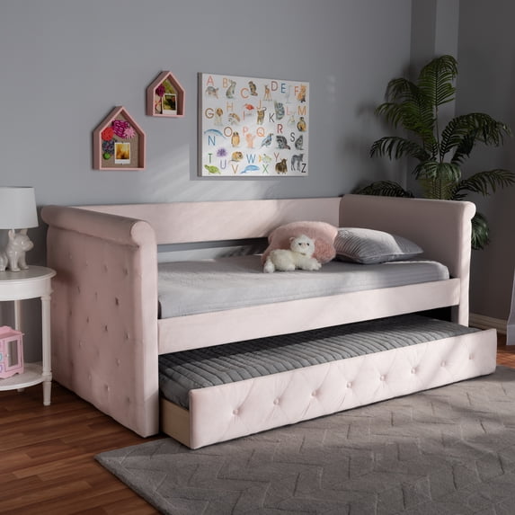 Skyline Decor Amaya Modern and Contemporary Light Pink Velvet Fabric Upholstered Twin Size Daybed with Trundle