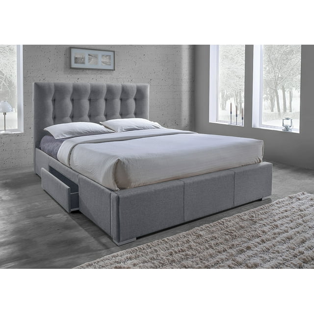 Skyline Decor Grid-Tufted Grey Fabric Upholstered Storage King-Size Bed with 2-drawer