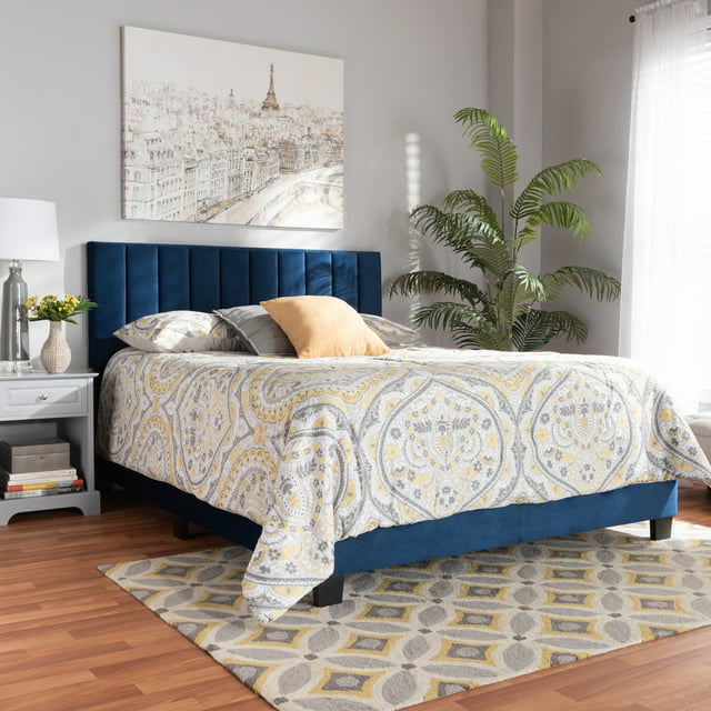 Skyline Decor Navy Blue Velvet Fabric Upholstered Full Size Panel Bed with Channel Tufted Headboard