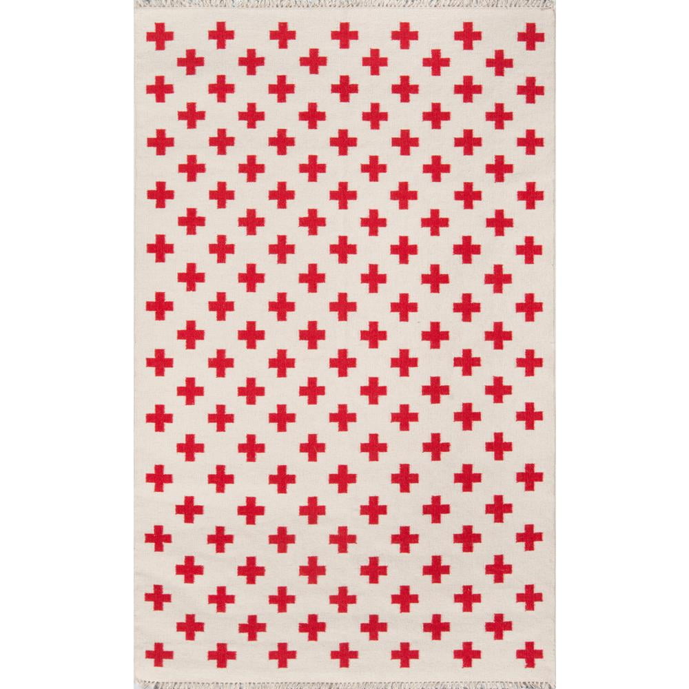 Ivory and Red Geometric Wool Flatweave Area Rug 2' x 3'