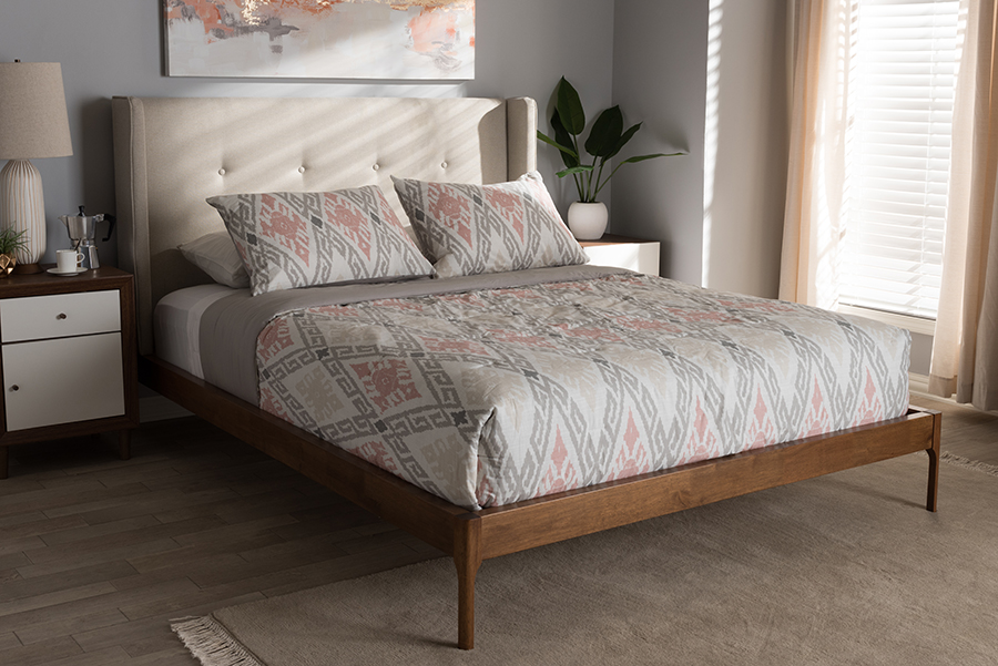 Skyline Decor Walnut Wood Beige Fabric King Size Platform Bed - image 1 of 5
