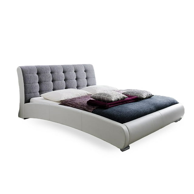 Skyline Decor White Faux Leather Grey Fabric Two Tone Upholstered Grid Tufted Queen-Size Platform Bed