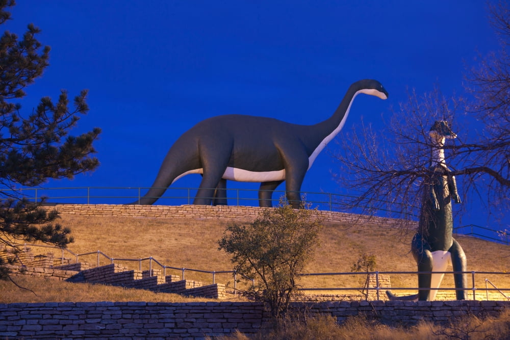 Skyline Drive Dinosaur statues at dawn Rapid City Pennington County South Dakota USA Canvas Art - Panoramic Images (24 x 36)