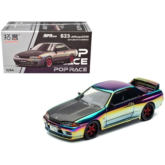 Skyline GT-R (BNR32) RHD Chameleon Chrome with Carbon Hood "APA XPO 2025 Exclusive" 1/64 Diecast Model Car by Pop Race