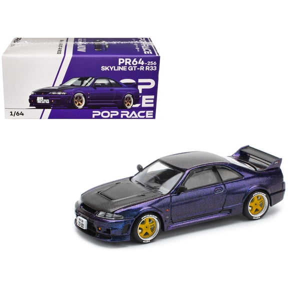 Skyline GT-R (R33) RHD (Right Hand Drive) Midnight Purple Metallic with Carbon Hood 1/64 Diecast Model Car by Pop Race