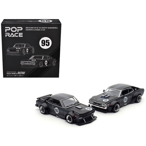 Skyline GT-R V8 Drift "Hakosuka" RHD #95 Black and Datsun Laurel C130 RHD Black Box Set 1/64 Diecast Model Car by Pop Race