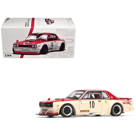 Skyline GT-R V8 Drift "Hakosuka" RHD (Right Hand Drive) #10 "Watanabe" Red and Cream 1/64 Diecast Model Car by Pop Race