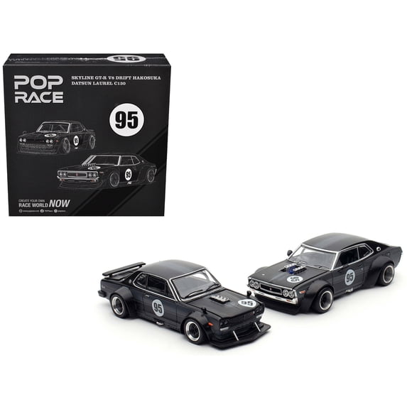 Skyline GT-R V8 Drift "Hakosuka" RHD (Right Hand Drive) #95 Black and Datsun Laurel C130 RHD (Right Hand Drive) Black 2 Car Box Set "Hong Kong Toycar Salon 2025" 1/64 Diecast Model Car by Pop Race
