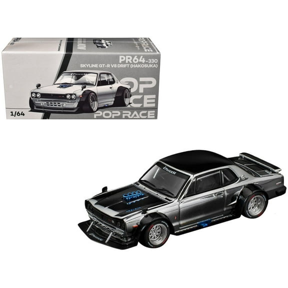 Skyline GT-R V8 Drift "Hakosuka" RHD (Right Hand Drive) Silver Chrome with Black Hood and Top 1/64 Diecast Model Car by Pop Race
