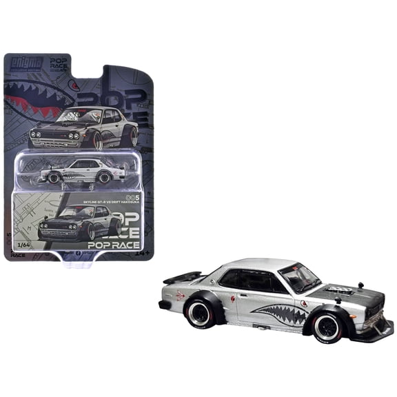 Skyline GT-R V8 Drift "Hakosuka" RHD Silver Metallic with Carbon Hood & Shark Mouth Graphics 1/64 Diecast Model Car by Pop Race