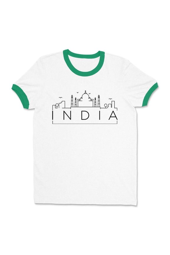 Skyline India Ringer Tee Shirt Unisex Large White/Kelly Green