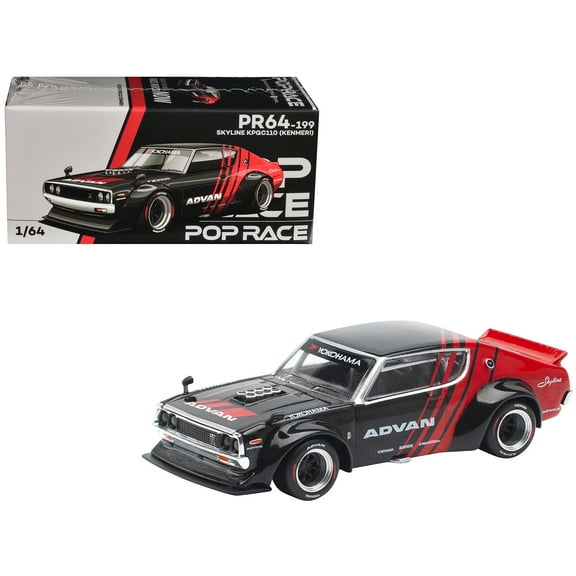 Skyline KPGC110 "Kenmeri" RHD (Right Hand Drive) "ADVAN" Black and Red 1/64 Diecast Model Car by Pop Race