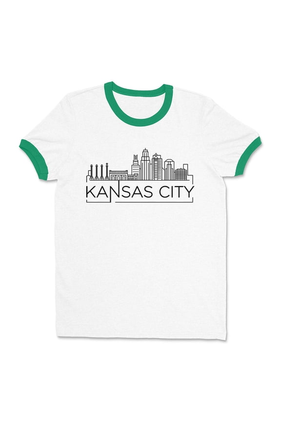 Skyline Kansas City Missouri Ringer Tee Shirt Unisex Small White/Kelly Green