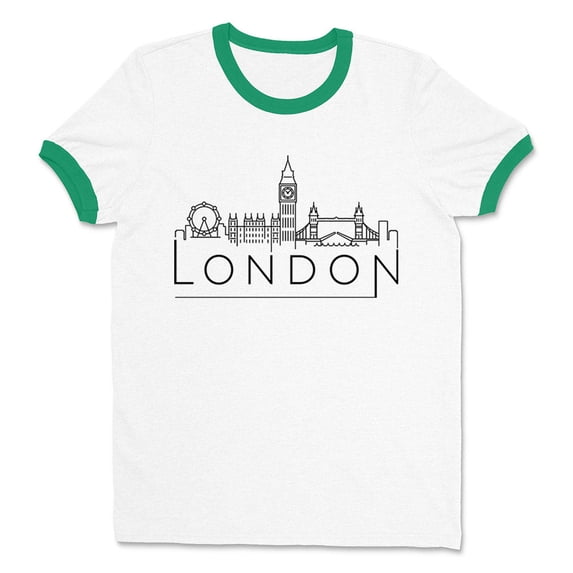 Skyline London England Ringer Tee Shirt Unisex Medium White/Kelly Green