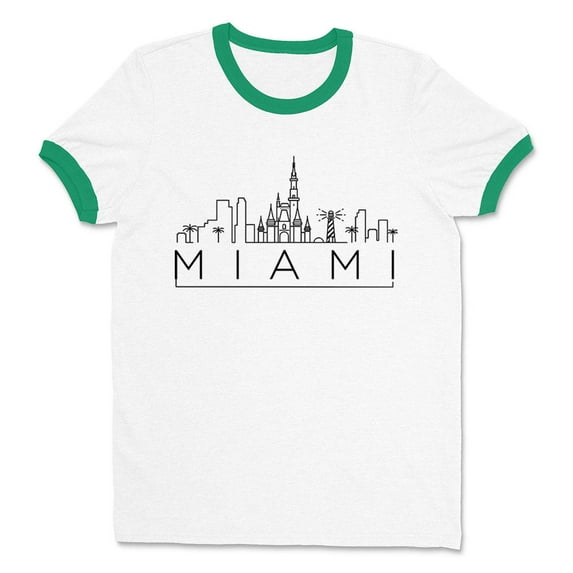 Skyline Miami Florida Ringer Tee Shirt Unisex Large White/Kelly Green
