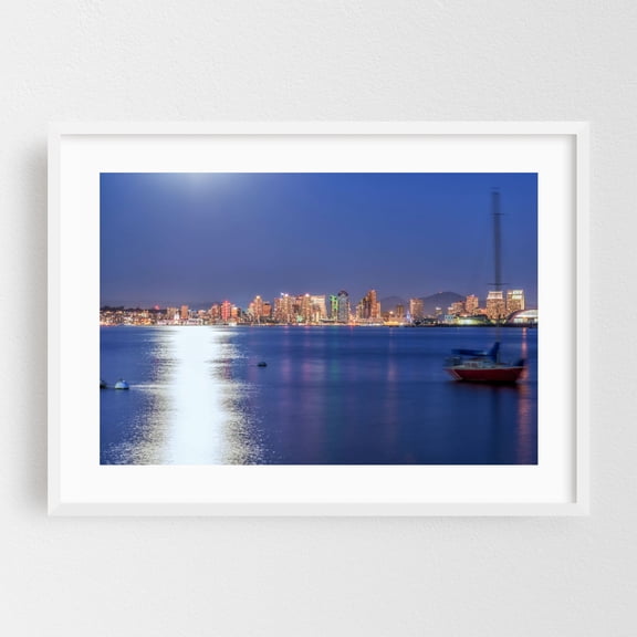 Skyline By Moonlight - San Diego California Photography Cityscape Skyline Harbor Boat Nightlife Travel Poster White Framed Wall Art Print 5 x 7 inches