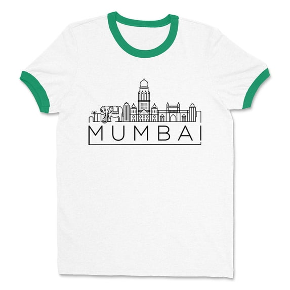 Skyline Mumbai India Ringer Tee Shirt Unisex Small White/Kelly Green
