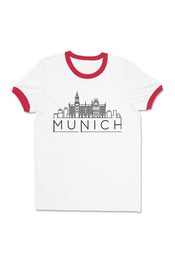 Skyline Munich Germany Ringer Tee Shirt Unisex Large White/Red