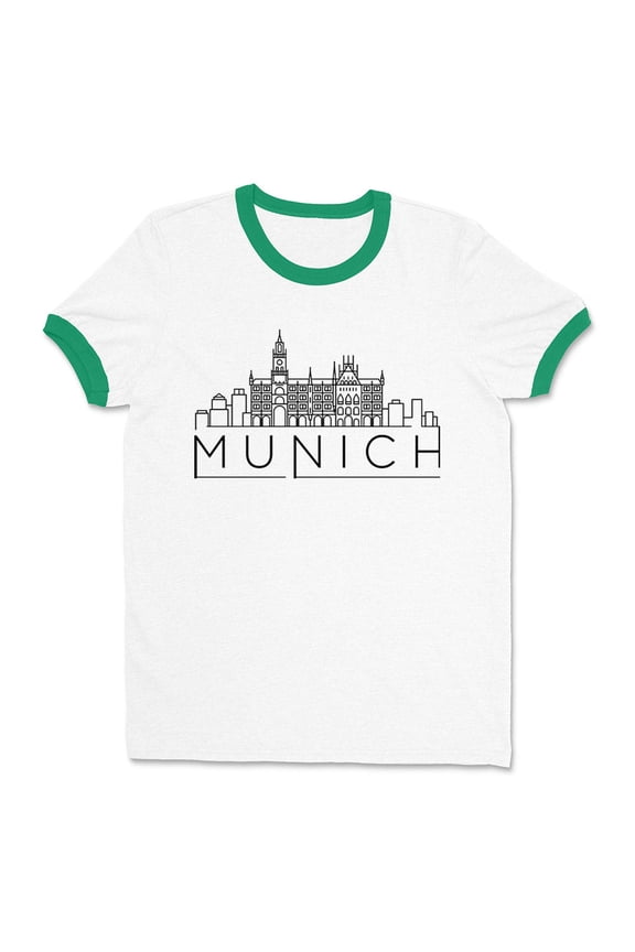Skyline Munich Germany Ringer Tee Shirt Unisex Small White/Kelly Green