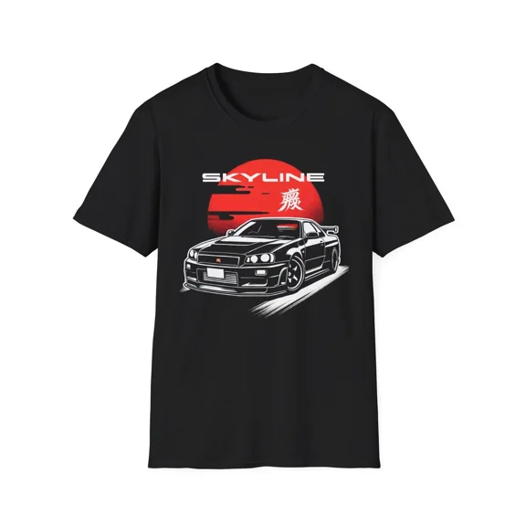 Skyline R34 GT-R T-Shirt – Black JDM Car with Red Rising Sun Graphic Tee