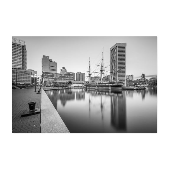 Skyline & USS Constellation B&W - Baltimore Maryland Photography City Black and White Harbor Skyline Architecture Boat Cityscape Unframed Wall Art Print 4 x 6 inches