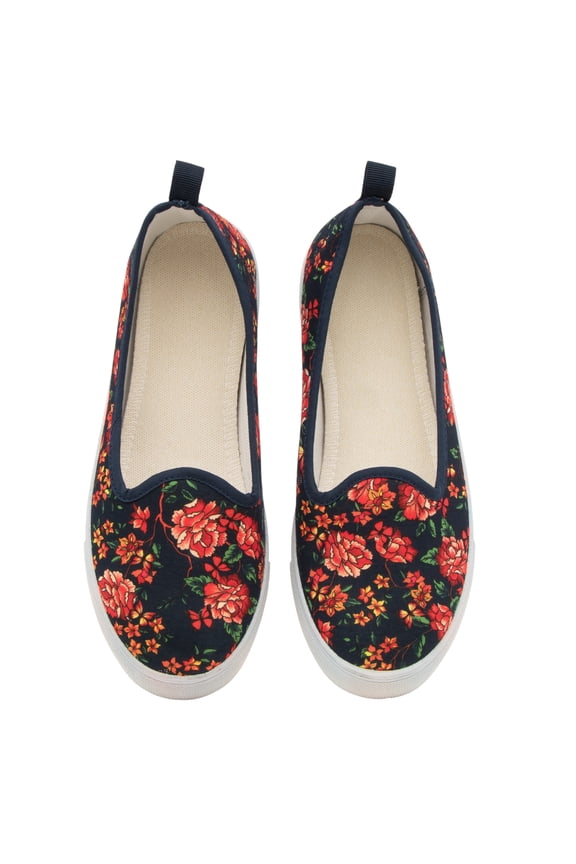 Skyline Women's Floral Memory Foam Slip-On Sneakers in Navy Blue, US Women's 7