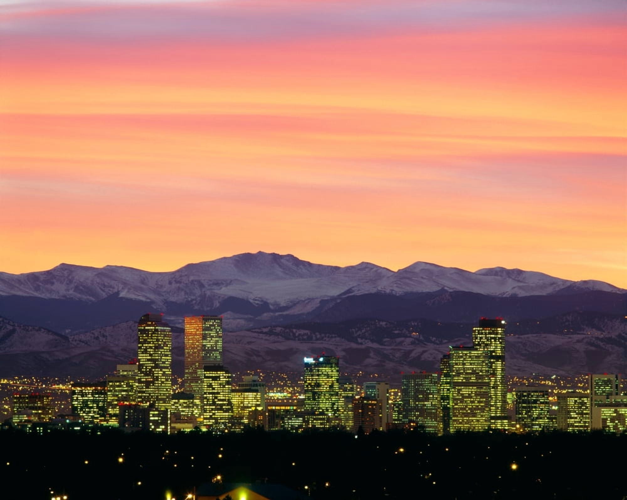 Skyline and mountains at dusk Denver Colorado USA Canvas Art - Panoramic Images (22 x 27)