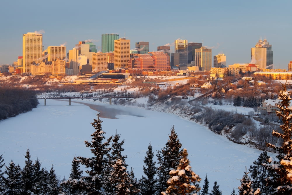 Skyline and the North Saskatchewan River at sunrise in winter Edmonton Alberta Canada Canvas Art - Panoramic Images (27 x 9)