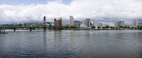 Skyline as seen from the Vera Katz Eastbank Esplanade Willamette River Portland Multnomah County Oregon USA Canvas Art - Panoramic Images (30 x 13)