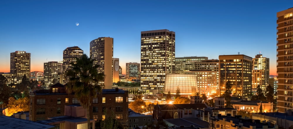 Skyline at dusk Oakland Alameda County California USA Canvas Art - Panoramic Images (7 x 15)
