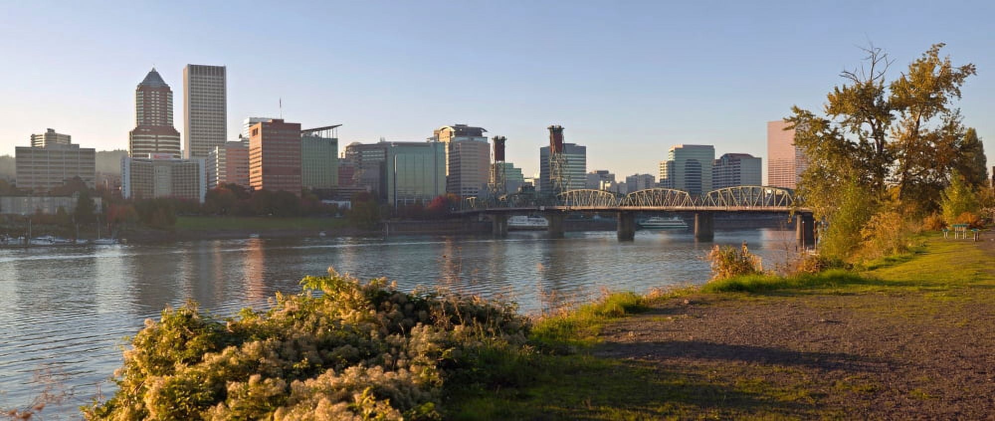 Skyline at the waterfront at sunset Portland Multnomah County Oregon USA Canvas Art - Panoramic Images (9 x 27)