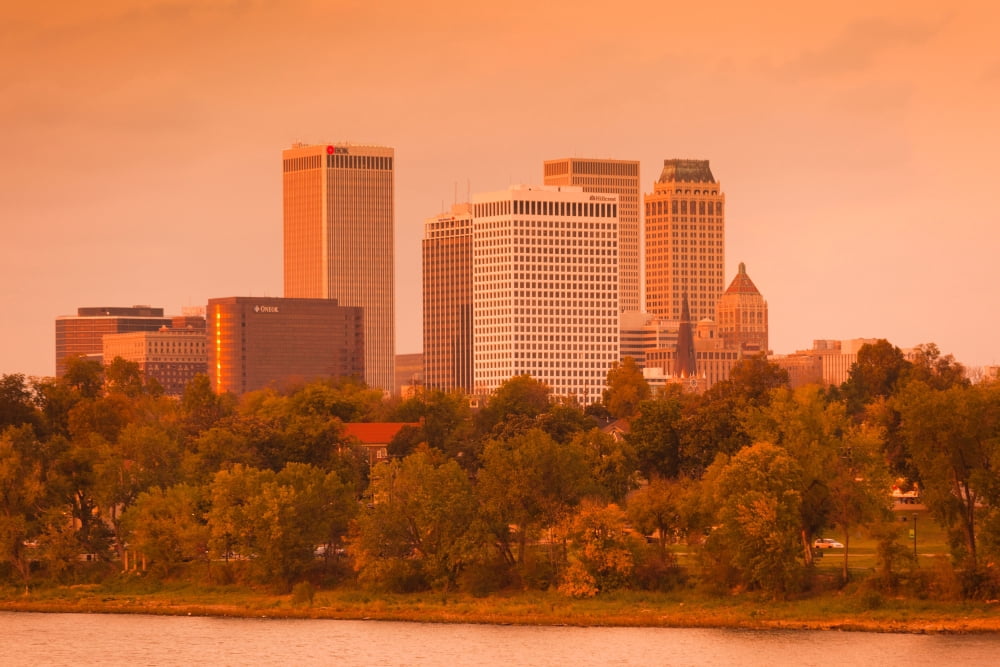 Skyline from the Arkansas River at dusk Tulsa Oklahoma USA Canvas Art - Panoramic Images (18 x 24)