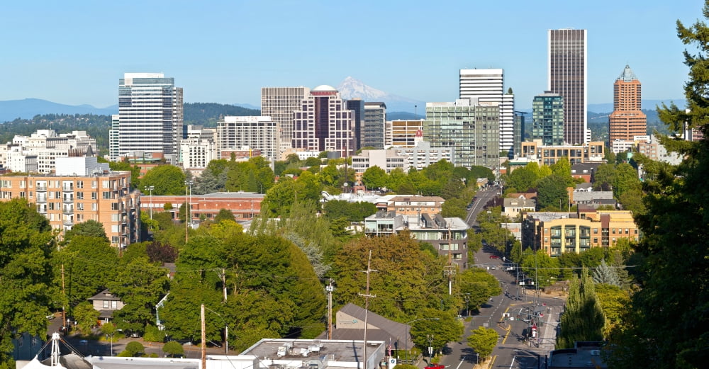 Skyline from vista bridge eastbound Portland Multnomah County Oregon USA Canvas Art - Panoramic Images (36 x 12)