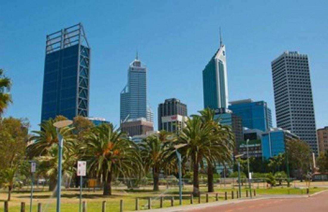 Skyline of new buildings Perth Western Australia Canvas Art - Bill Bachmann DanitaDelimont (22 x 14)