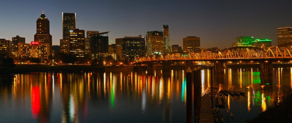 Skyline with city light at night Portland Multnomah County Oregon USA Canvas Art - Panoramic Images (36 x 12)