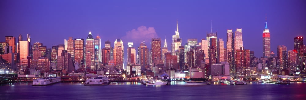 Skylines at dusk Manhattan New York City New York State USA Canvas Art - Panoramic Images (27 x 9)