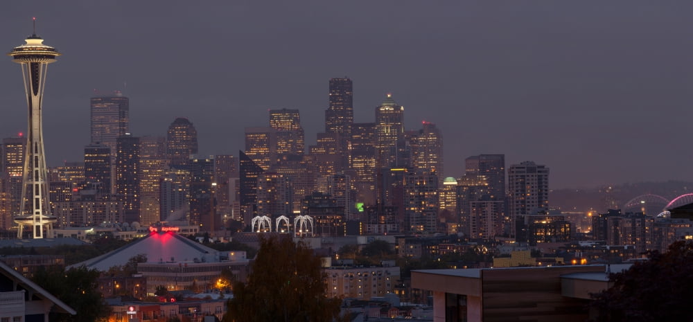 Skylines at dusk Seattle King County Washington State USA Canvas Art - Panoramic Images (12 x 36)