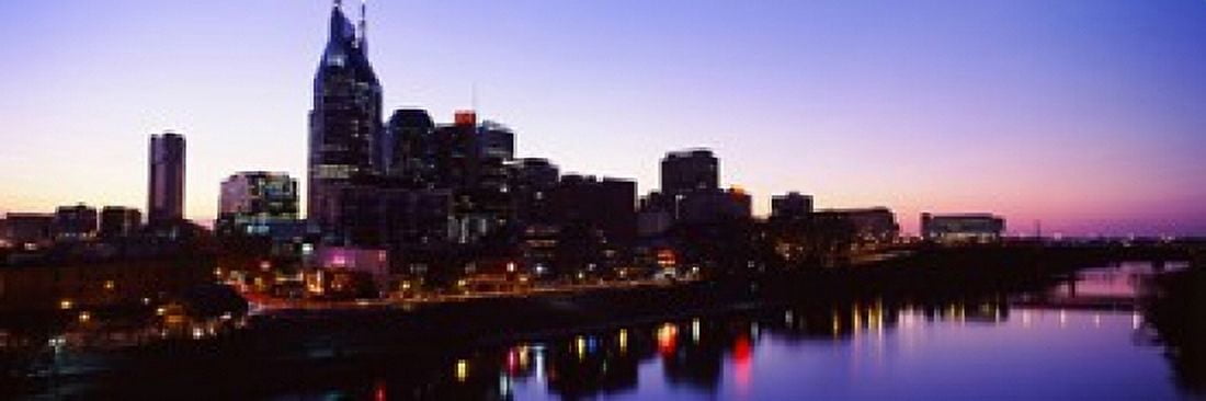 Skylines at dusk along Cumberland River Nashville Tennessee USA 2013 Canvas Art - Panoramic Images (36 x 12)