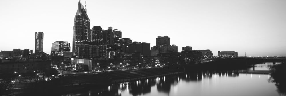 Skylines at dusk along Cumberland River Nashville Tennessee USA Canvas Art - Panoramic Images (6 x 18)